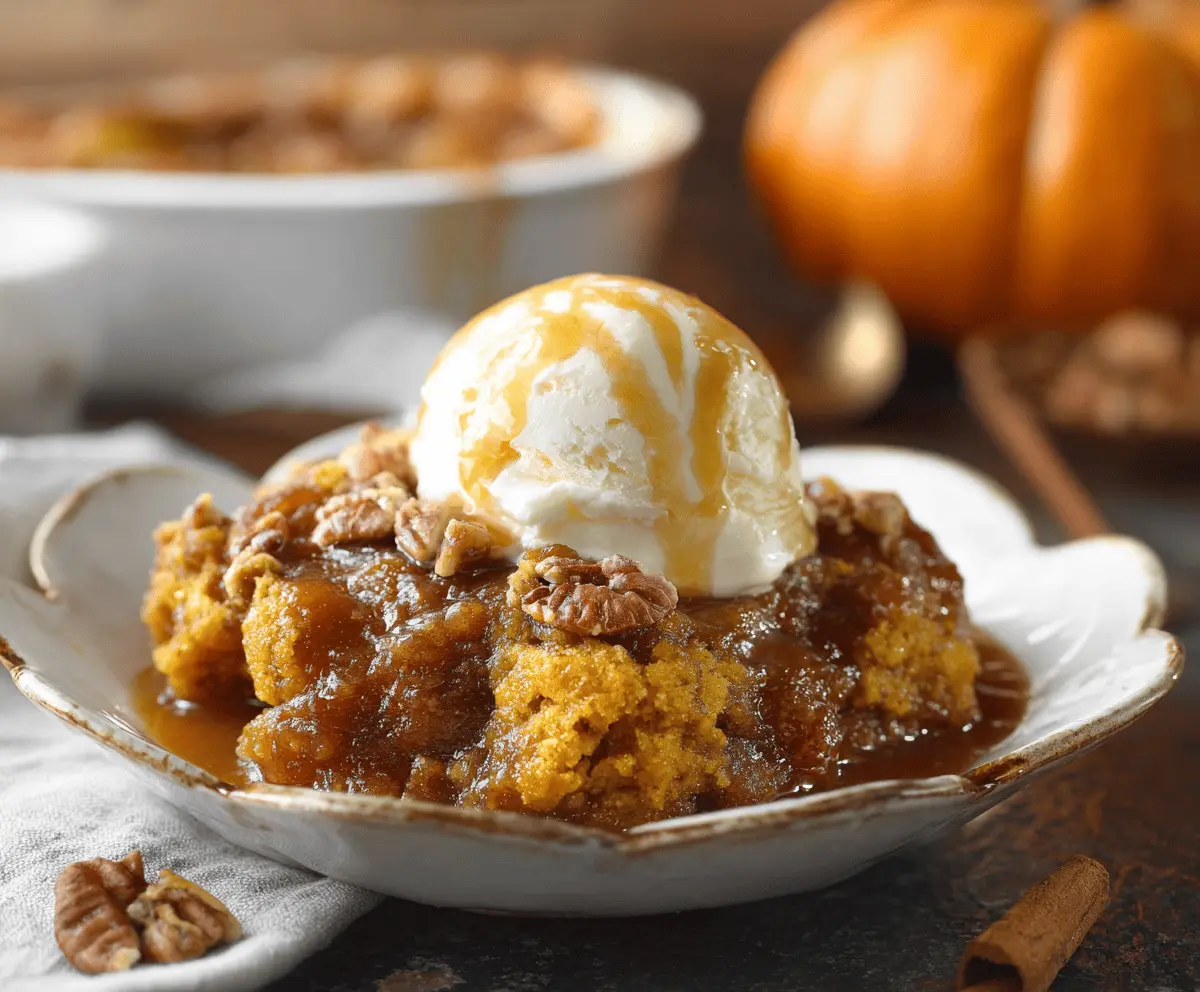 Delicious homemade pumpkin cobbler topped with golden crust, served in a baking dish, perfect for fall dessert