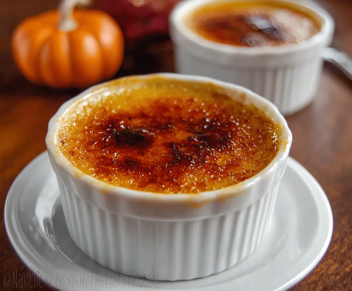 Creamy pumpkin creme brulee topped with caramelized sugar and garnished with a sprinkle of cinnamon, served in a ramekin for a delicious fall dessert.