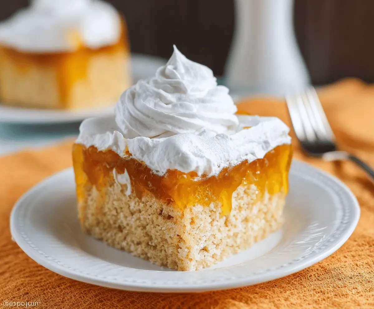Delicious Pumpkin Jello Poke Cake topped with whipped cream and pumpkin decorations, perfect for fall dessert indulgence.