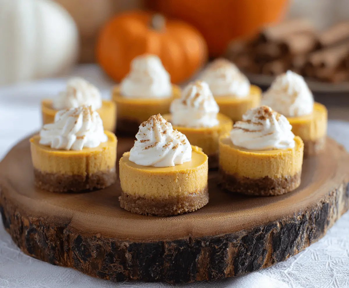 Delicious pumpkin mini cheesecakes topped with whipped cream and cinnamon, perfect for fall desserts.