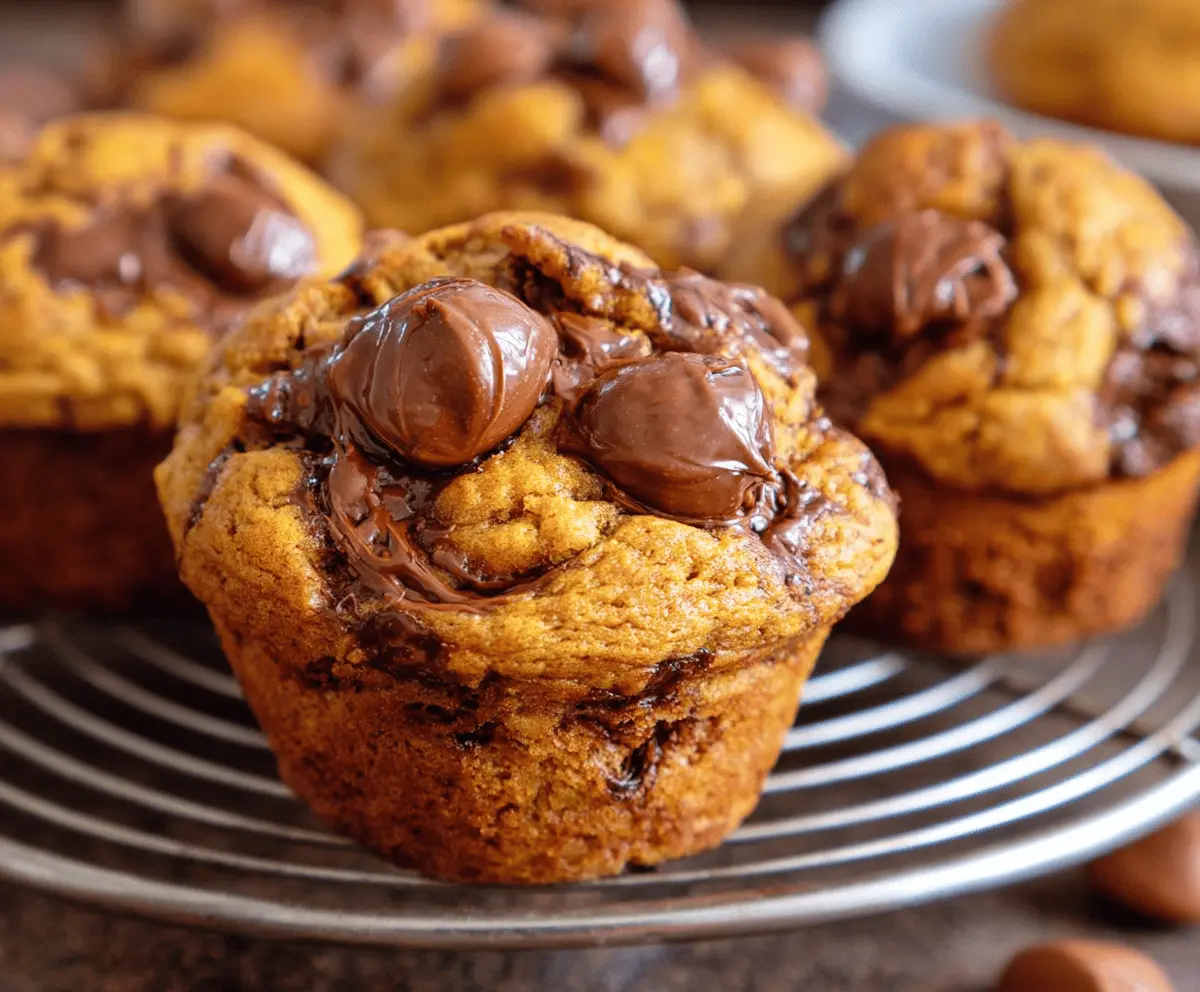 Delicious homemade Pumpkin Nutella Muffins topped with chopped nuts and a drizzle of Nutella, perfect for fall baking