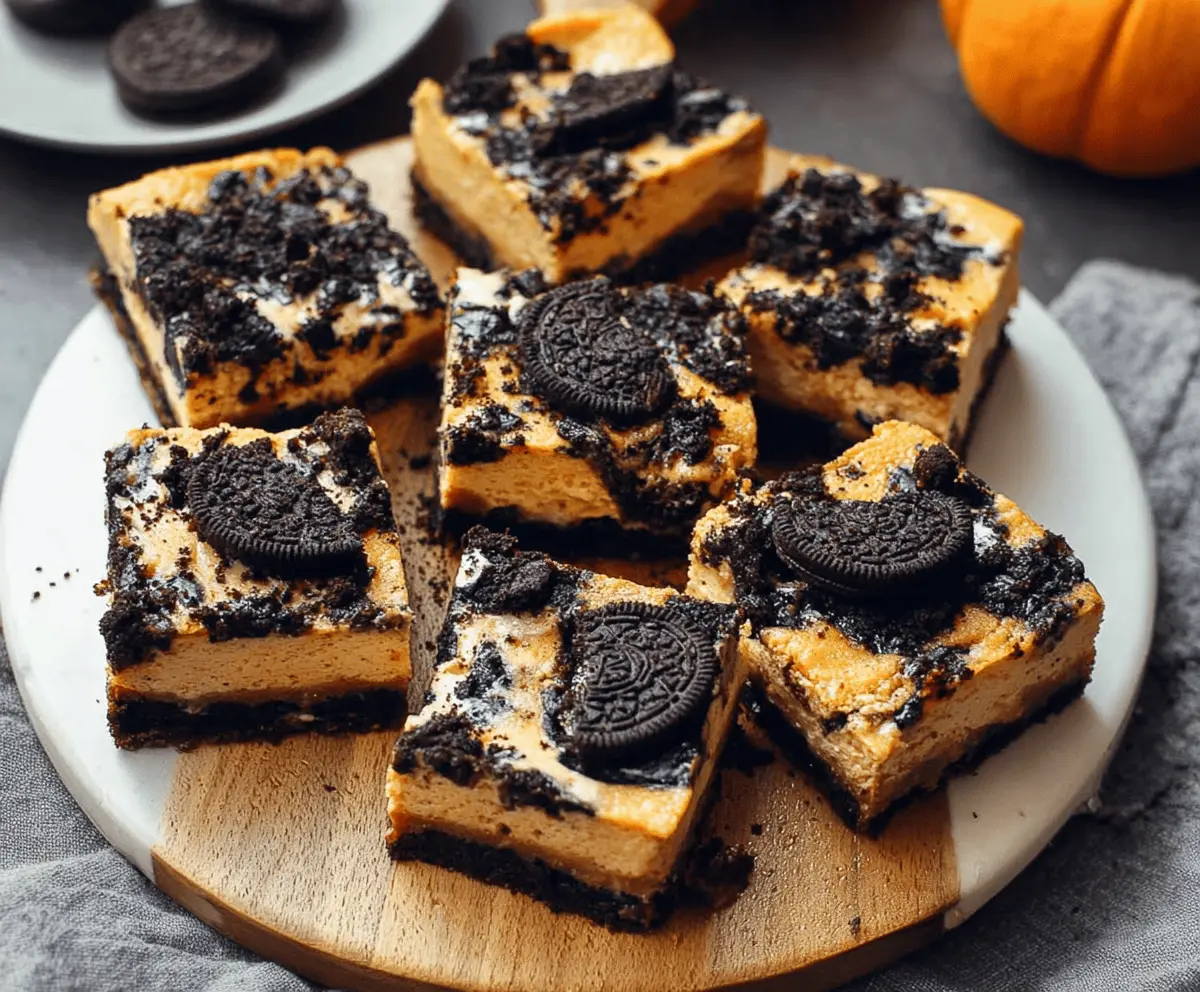 Creamy Pumpkin Oreo Cheesecake Bars topped with crushed Oreos and whipped cream, perfect for fall desserts