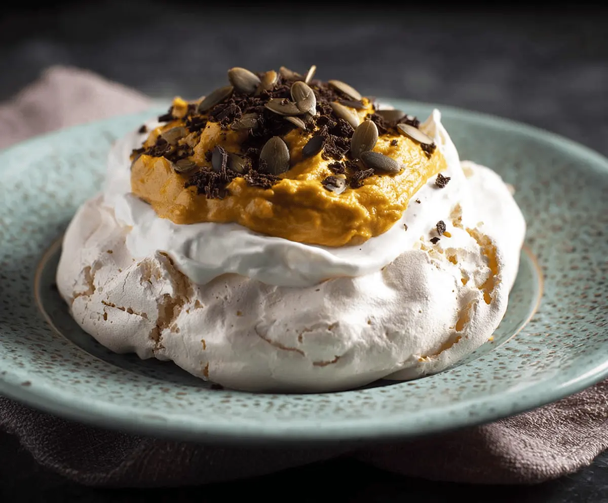 Delicious pumpkin pavlova topped with whipped cream and fresh autumn-inspired toppings, perfect for fall desserts