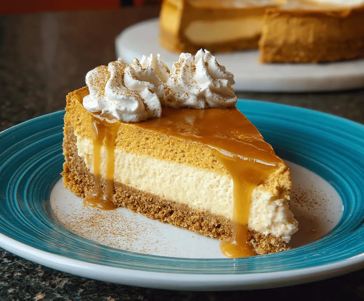 Creamy Pumpkin Pie Cheesecake topped with whipped cream and cinnamon, served on a decorative plate, perfect for fall desserts.