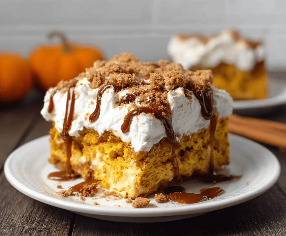 Delicious Pumpkin Poke Cake topped with whipped cream and cinnamon, perfect for fall desserts.