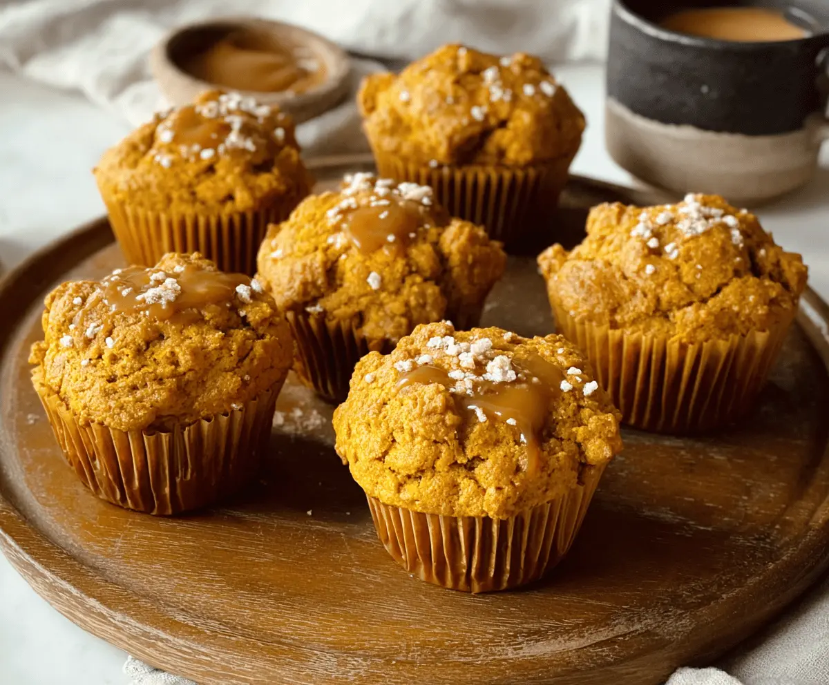 Delicious pumpkin salted caramel muffins with a golden-brown top and drizzled caramel, perfect for fall baking
