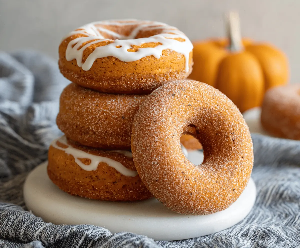 Delicious homemade pumpkin spice donuts topped with cinnamon sugar, perfect for fall treats.
