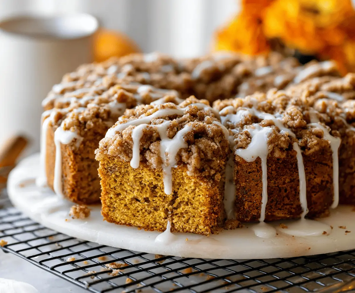 Delicious Pumpkin Streusel Coffee Cake topped with golden streusel crumbs and a slice served on a plate, perfect for fall breakfast or dessert.