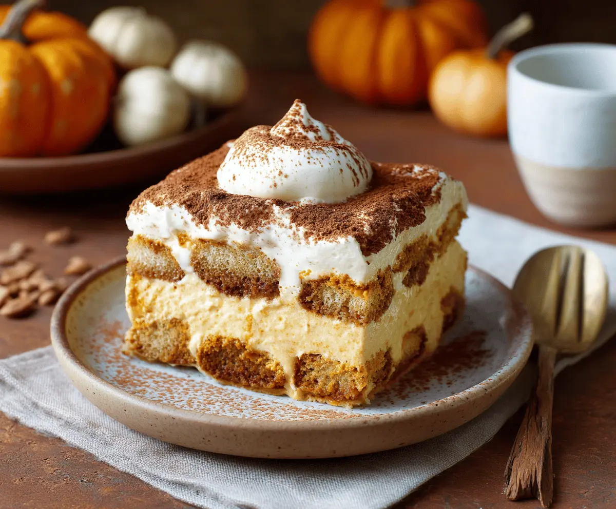 Delicious pumpkin tiramisu dessert topped with cocoa powder and whipped cream, perfect for fall celebrations.