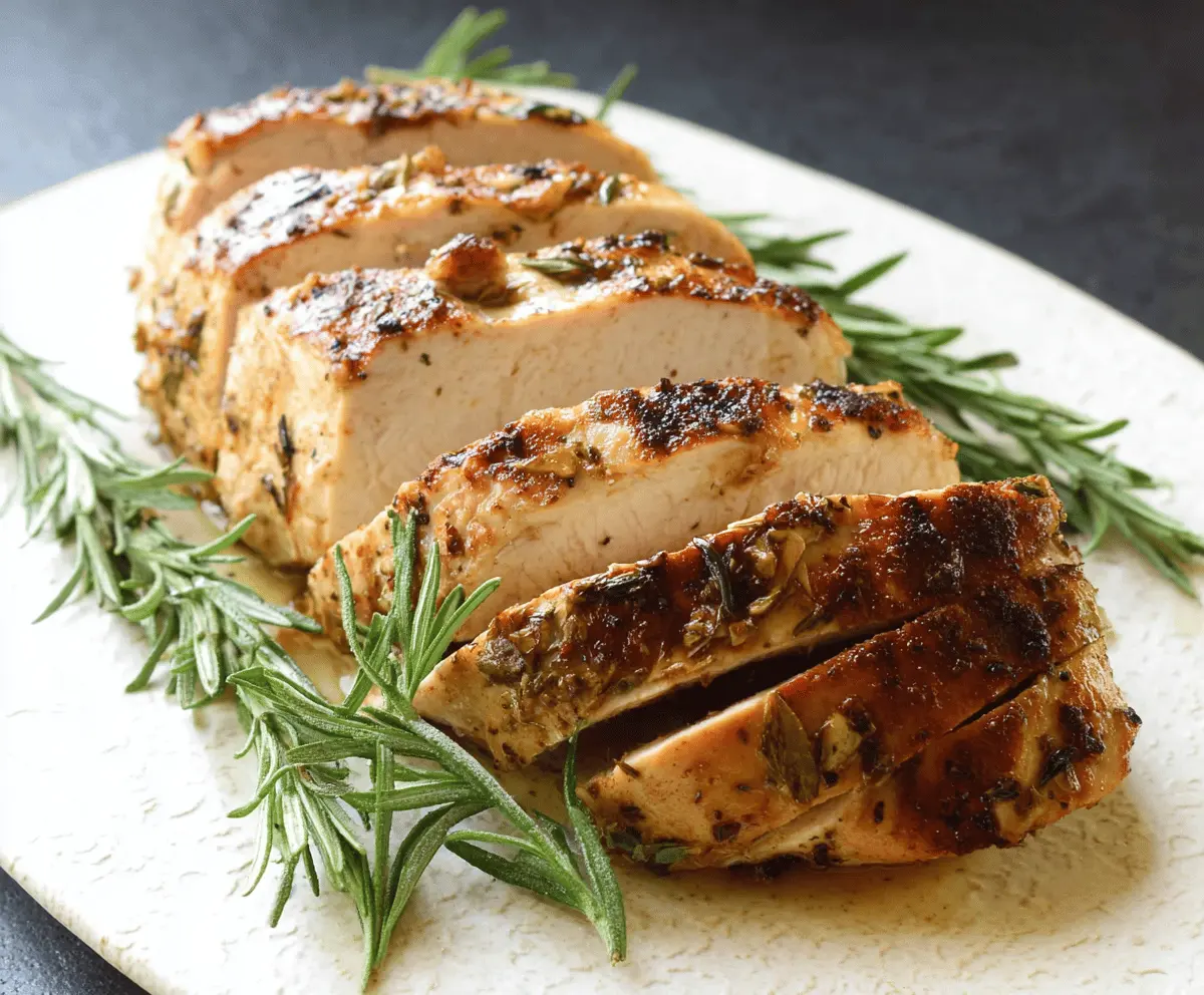 Juicy rosemary garlic turkey breast garnished with fresh herbs on a white platter, perfect for a flavorful and healthy meal.