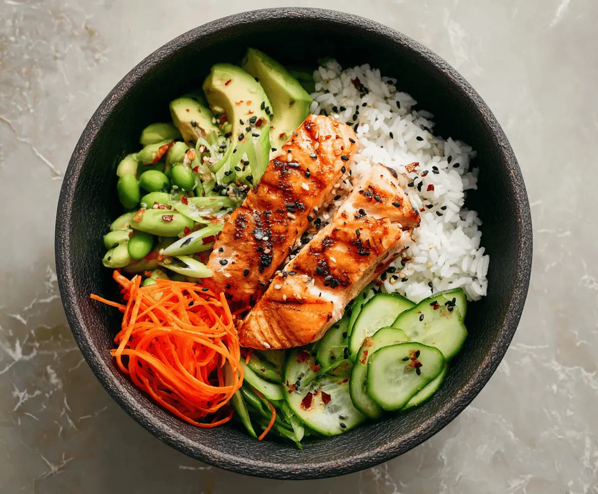 Healthy salmon and rice bowl with fresh vegetables and garnish, perfect for a nutritious meal