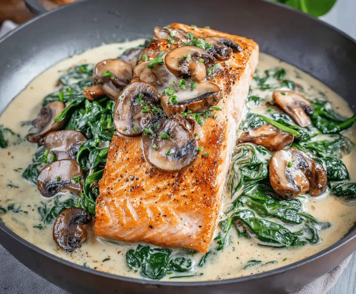 Delicious Salmon Florentine with fresh spinach and sautéed mushrooms served on a plate, perfect for a healthy and flavorful meal.
