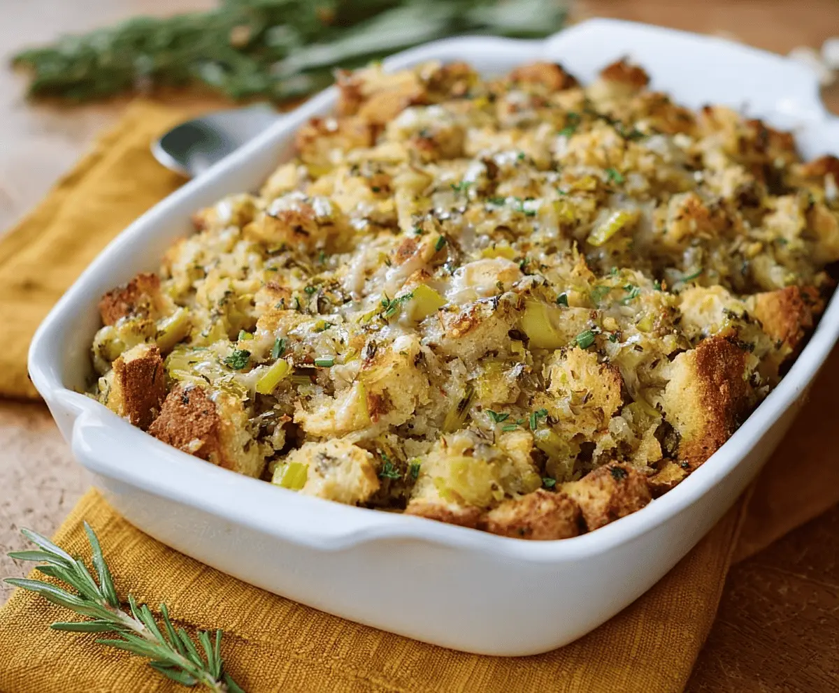 Golden-brown savory herb stuffing served in a baking dish with fresh herbs and crispy edges, perfect for holiday dinners.