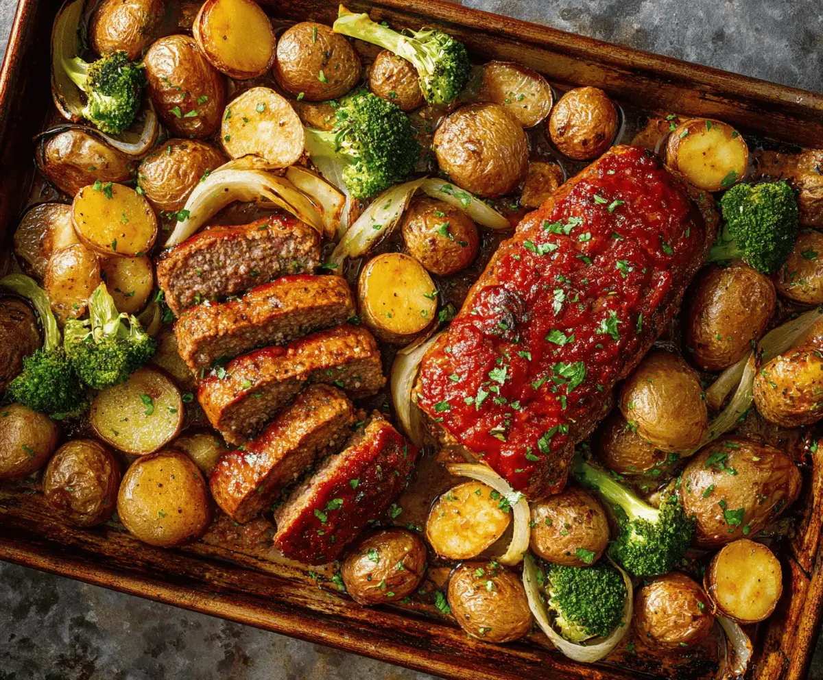 Delicious sheet pan meatloaf with roasted potatoes and vegetables, ready to serve