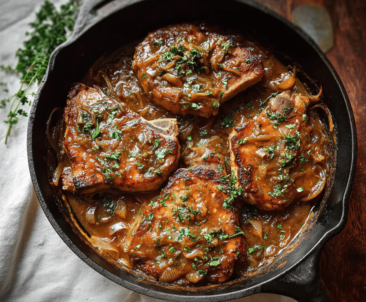Juicy smothered pork chops topped with rich gravy and sautéed onions served on a plate, perfect for a hearty comfort meal