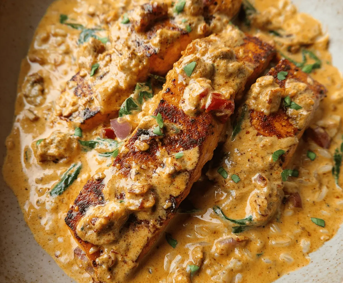 Delicious spicy creamy Cajun salmon fillet garnished with herbs on a plate, ready to serve