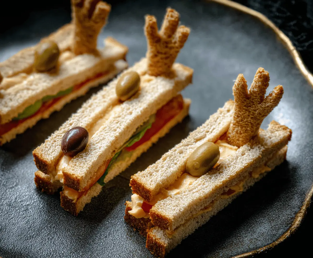 Delicious spooky finger sandwiches with creepy Halloween-themed decorations perfect for a Halloween party platter.