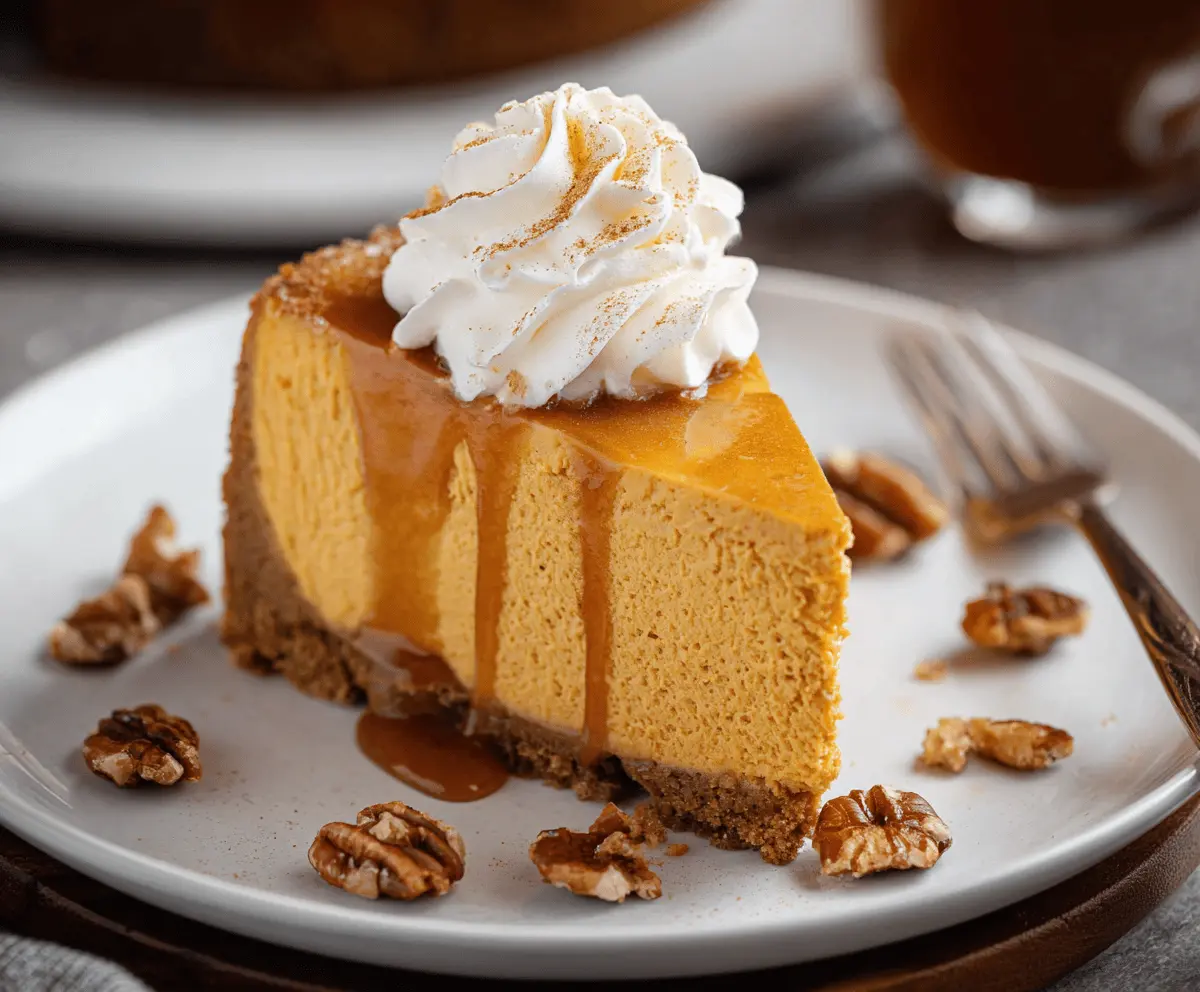 Delicious slice of sweet potato cheesecake topped with whipped cream and pecans, served on a white plate.