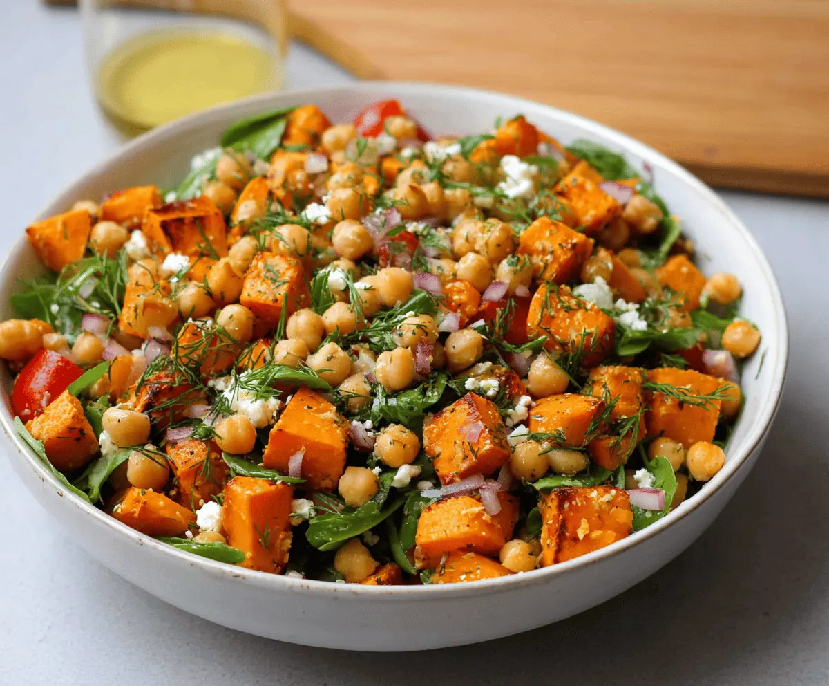 Colorful sweet potato chickpea salad with fresh greens and vibrant vegetables, perfect for a healthy vegan meal