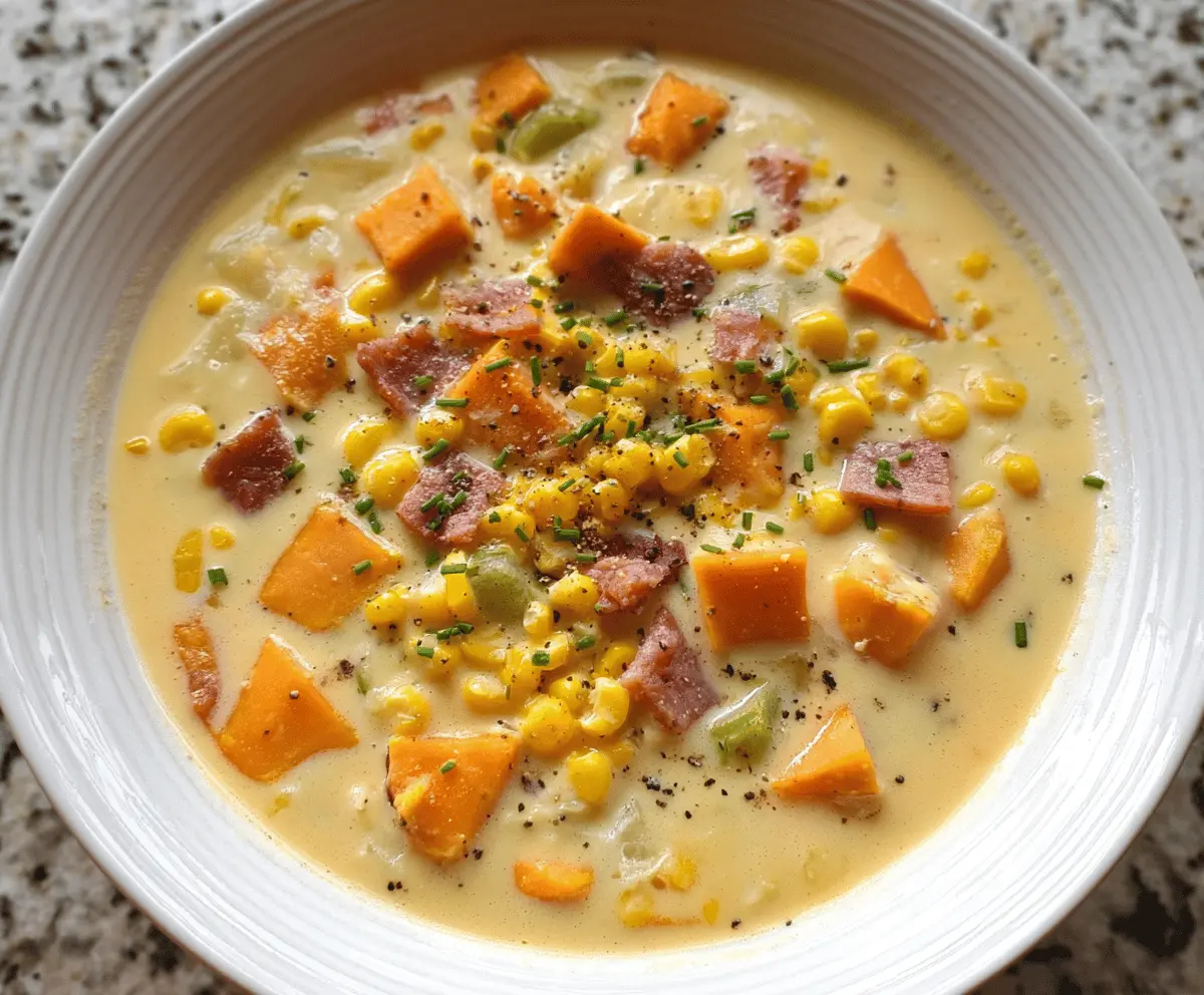 Creamy sweet potato and corn chowder garnished with fresh herbs in a bowl, perfect for a cozy meal