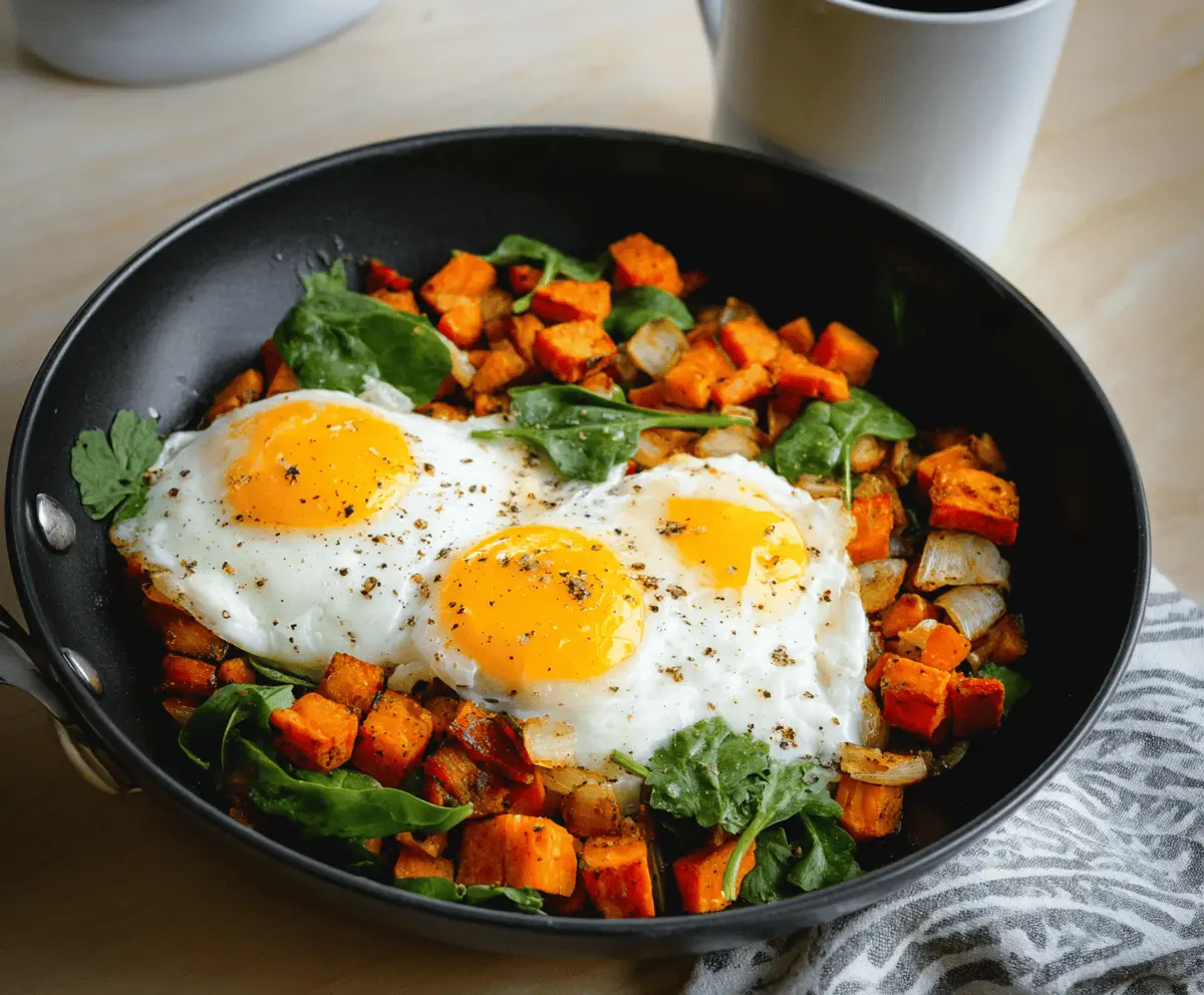 Delicious sweet potato hash topped with sunny-side-up eggs, garnished with fresh herbs, served on a plate for a hearty breakfast or brunch.