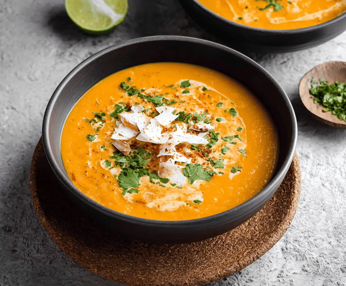 Creamy sweet potato soup made with coconut milk, garnished with fresh herbs in a rustic bowl for a comforting, healthy meal.