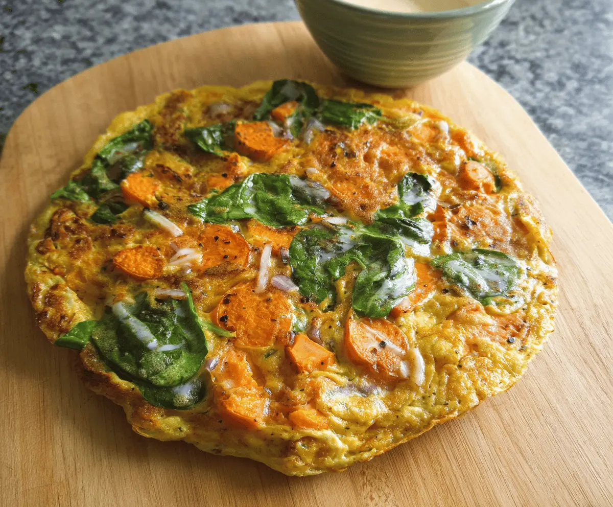 Delicious sweet potato and spinach omelette topped with fresh herbs, served on a plate for a healthy breakfast or brunch.