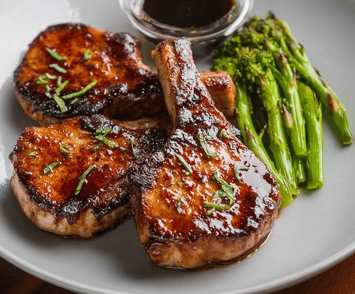 Juicy teriyaki pork chops glazed with savory sauce served with steamed vegetables on a plate