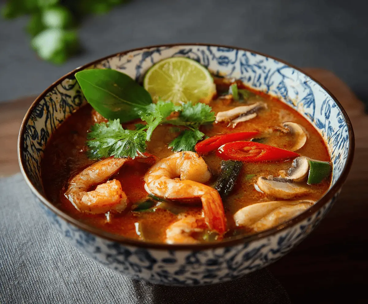 Spicy Thai Tom Yum Soup with shrimp, mushrooms, herbs, and lime served in a bowl