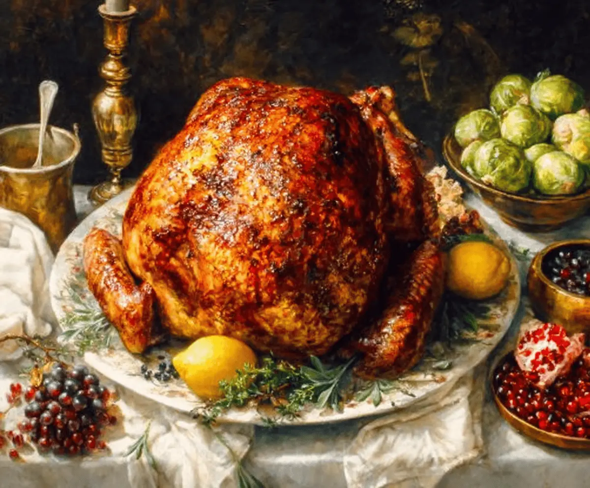 Juicy roasted Thanksgiving turkey garnished with herbs ready for carving.