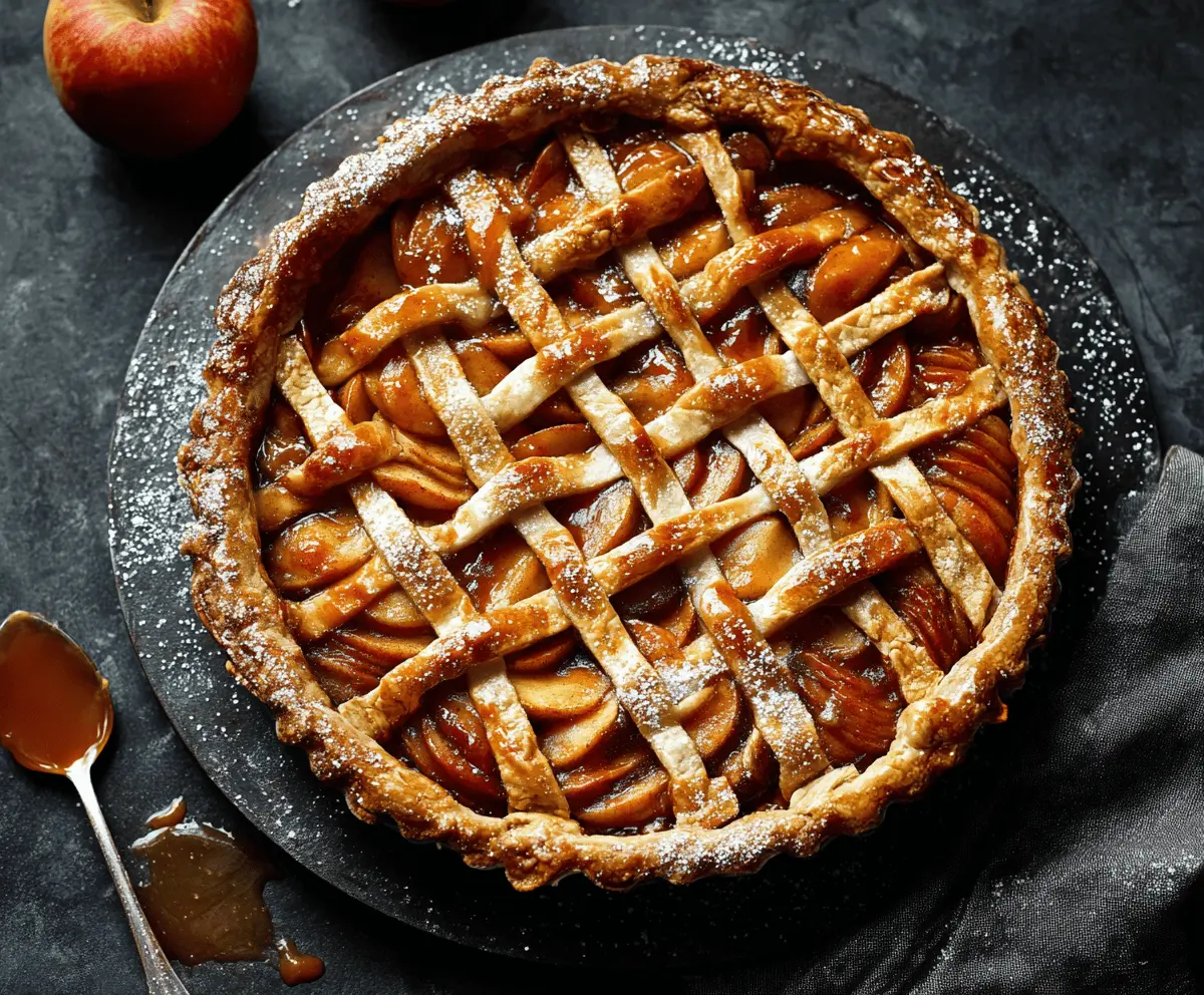 Delicious toffee apple pie with a golden crust and caramel topping, perfect for dessert.