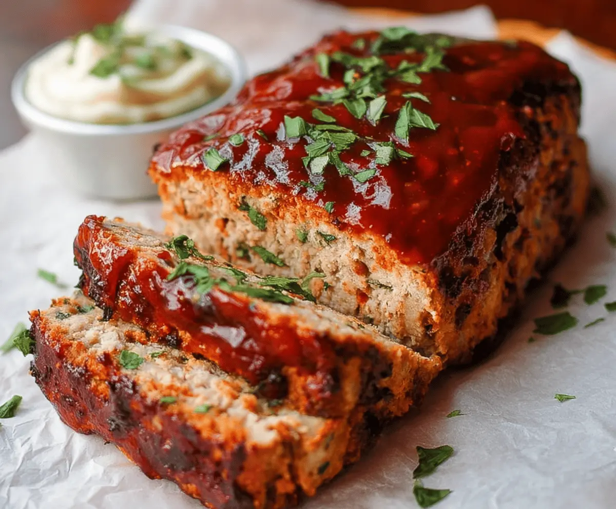 Juicy homemade turkey meatloaf garnished with fresh herbs and served with a side of roasted vegetables on a white plate