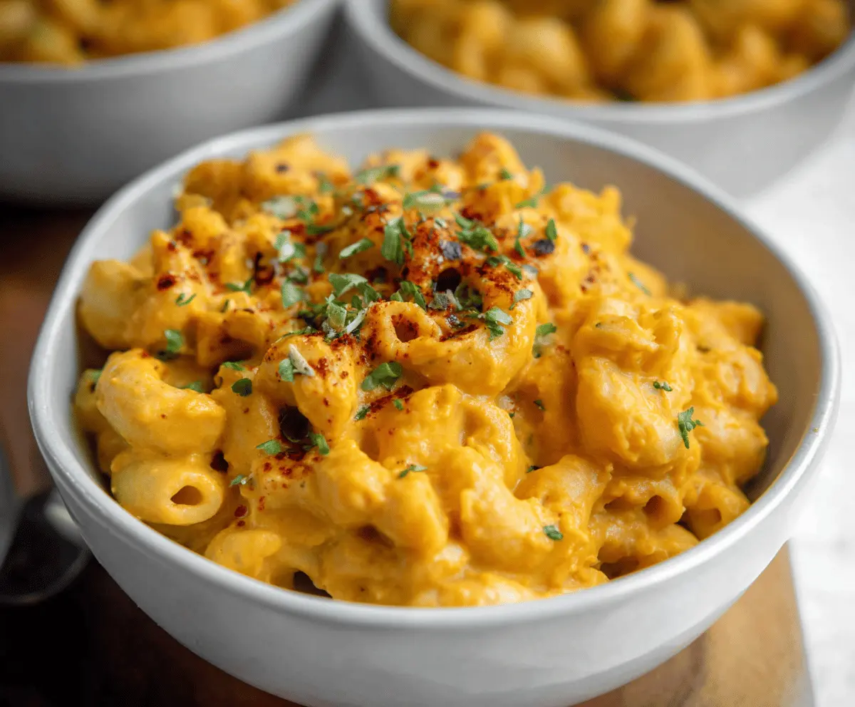 Creamy vegan sweet potato mac and cheese served in a bowl, topped with fresh herbs and garnished with crispy breadcrumbs for a comforting plant-based meal.