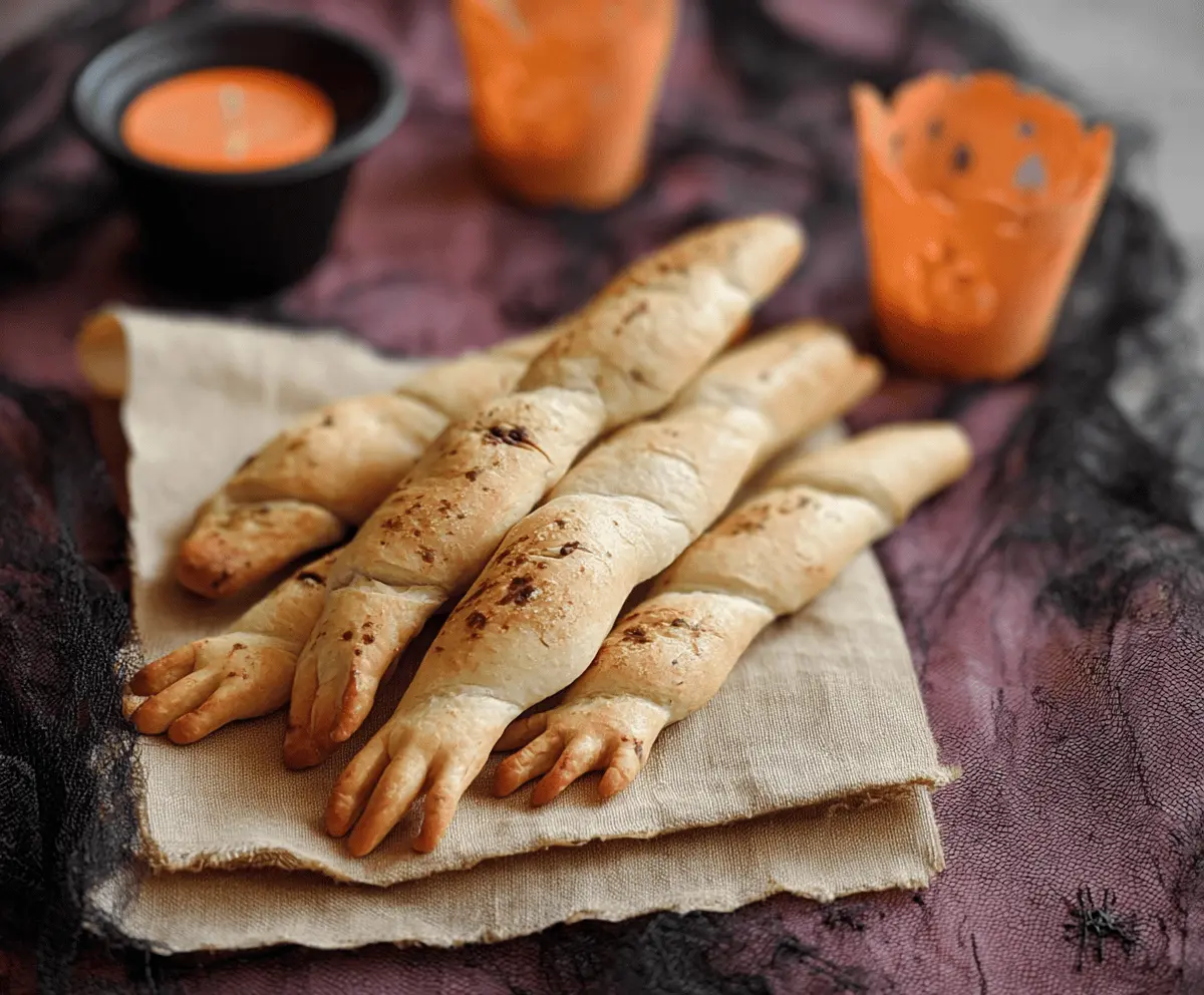 Frighteningly realistic witch finger breadsticks with almond fingernails and spooky details for Halloween-themed snacks