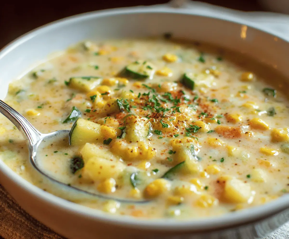 Creamy zucchini and corn chowder topped with fresh herbs in a rustic bowl, perfect for a comforting vegetarian meal.