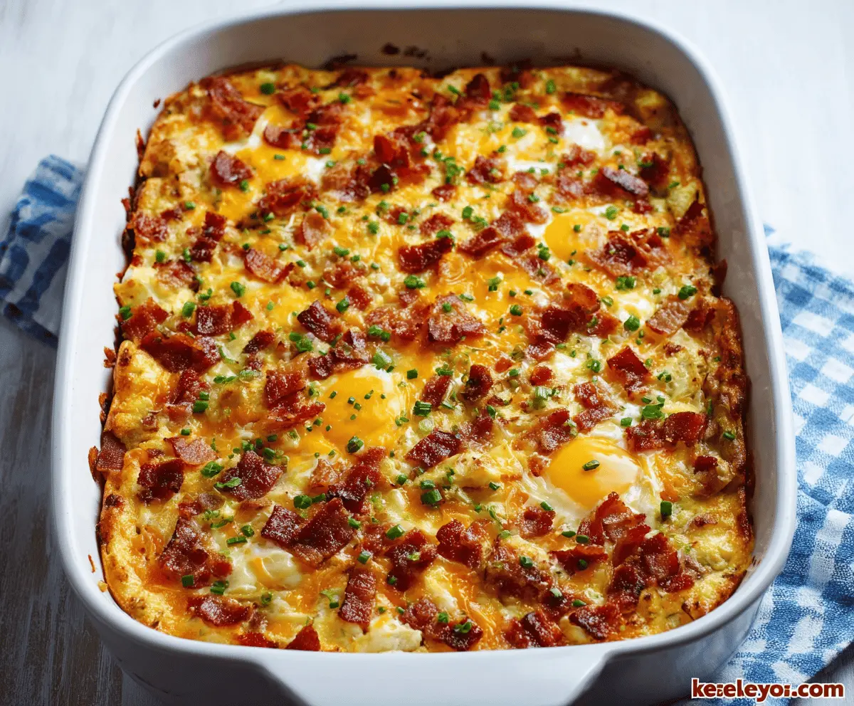 Delicious Amish Breakfast Casserole with eggs, cheese, and breakfast meats in a baking dish.