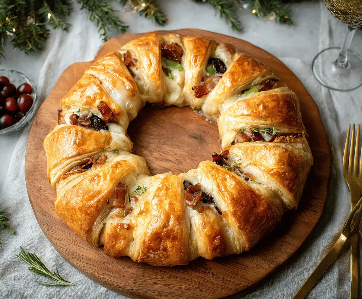 Delicious Bacon Brie Crescent Wreath with crispy bacon and creamy Brie cheese, perfect for appetizers.
