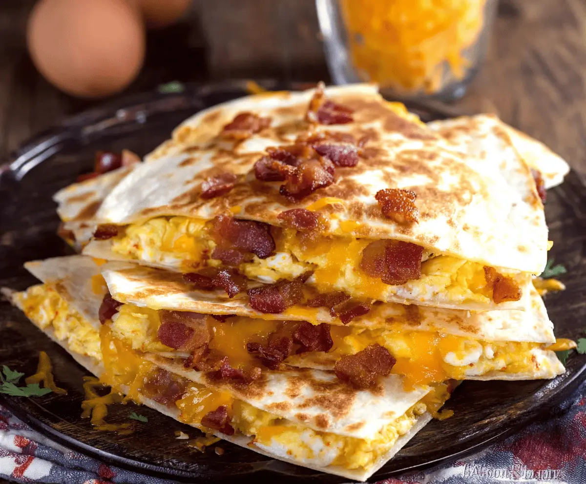 Bacon, egg, and cheese breakfast quesadilla sliced open to show melty cheese filling.
