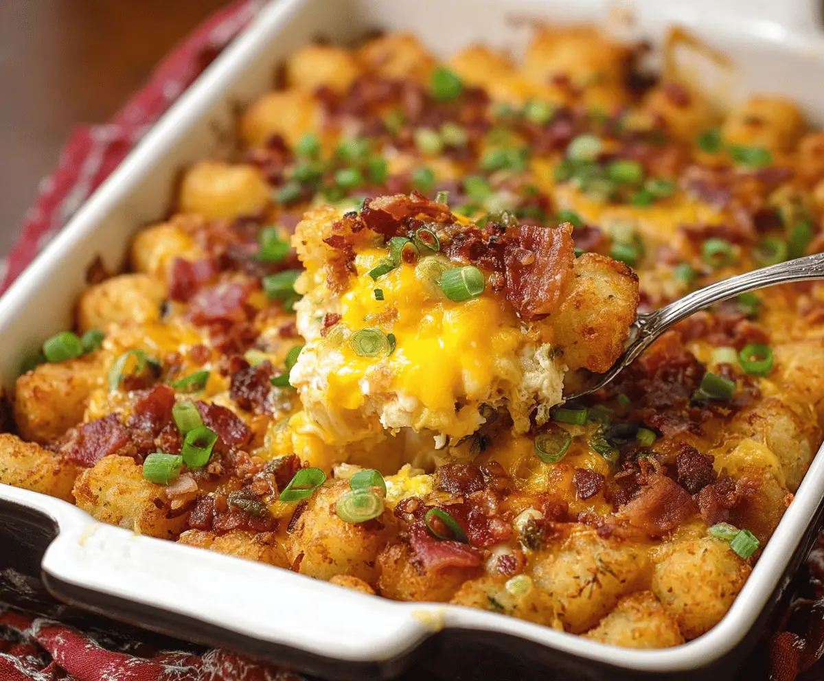 Delicious Bacon, Egg, and Tater Tot Casserole served in a baking dish, perfect for breakfast or brunch.