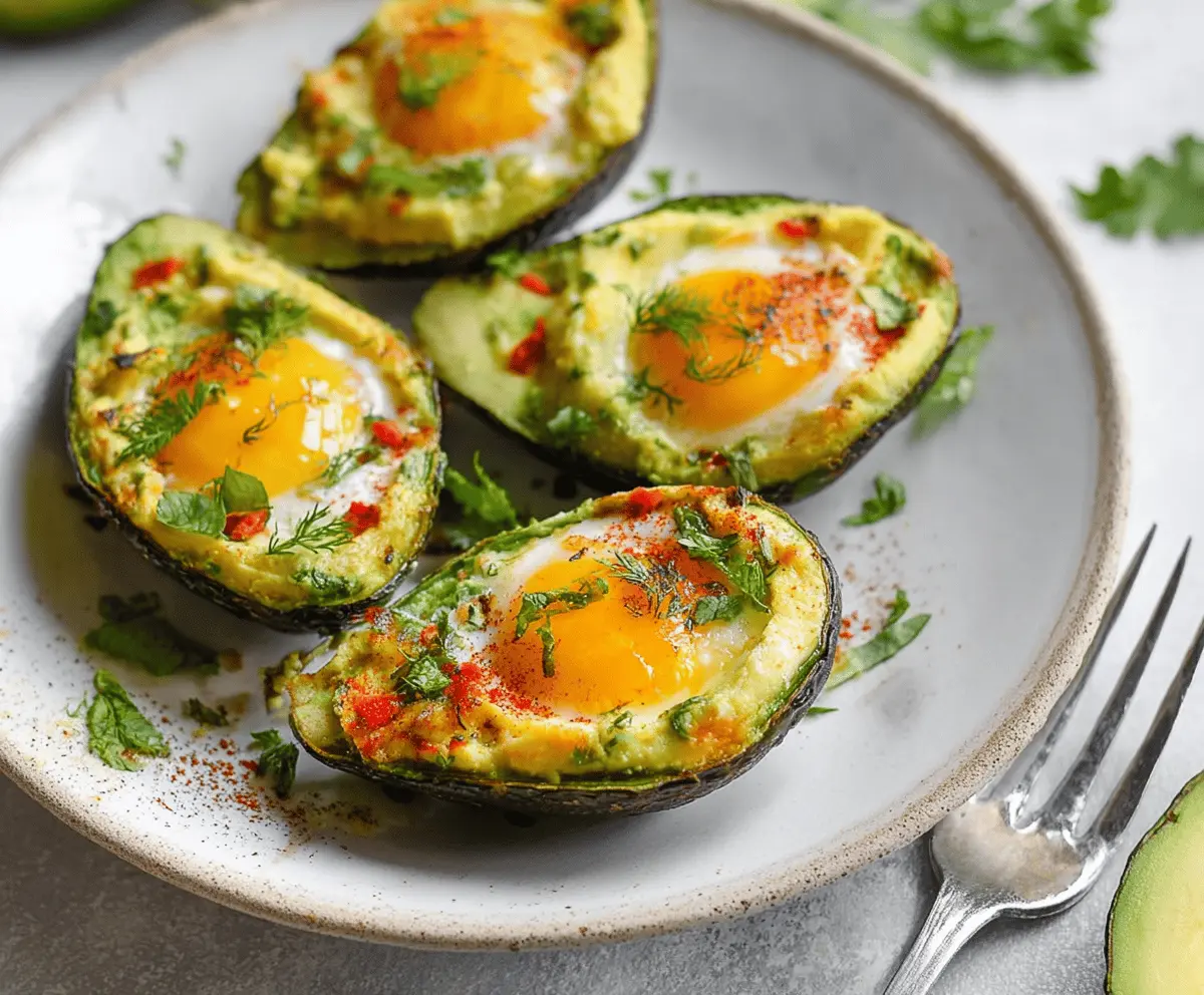 Delicious baked avocado egg boats topped with herbs for a healthy breakfast.