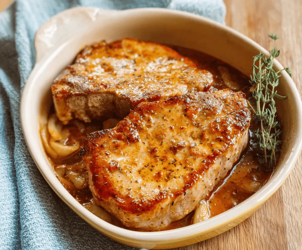 Juicy baked pork chops served with herbs on a plate