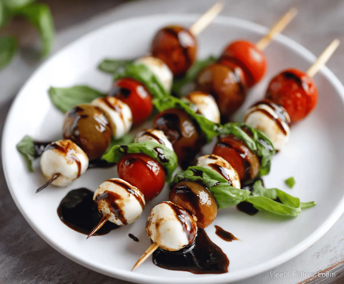 Close-up of balsamic glazed Caprese skewers with fresh basil and mozzarella on a white plate