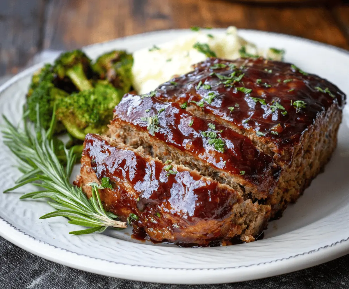 Delicious Balsamic Glazed Meatloaf served with fresh herbs on a rustic plate.
