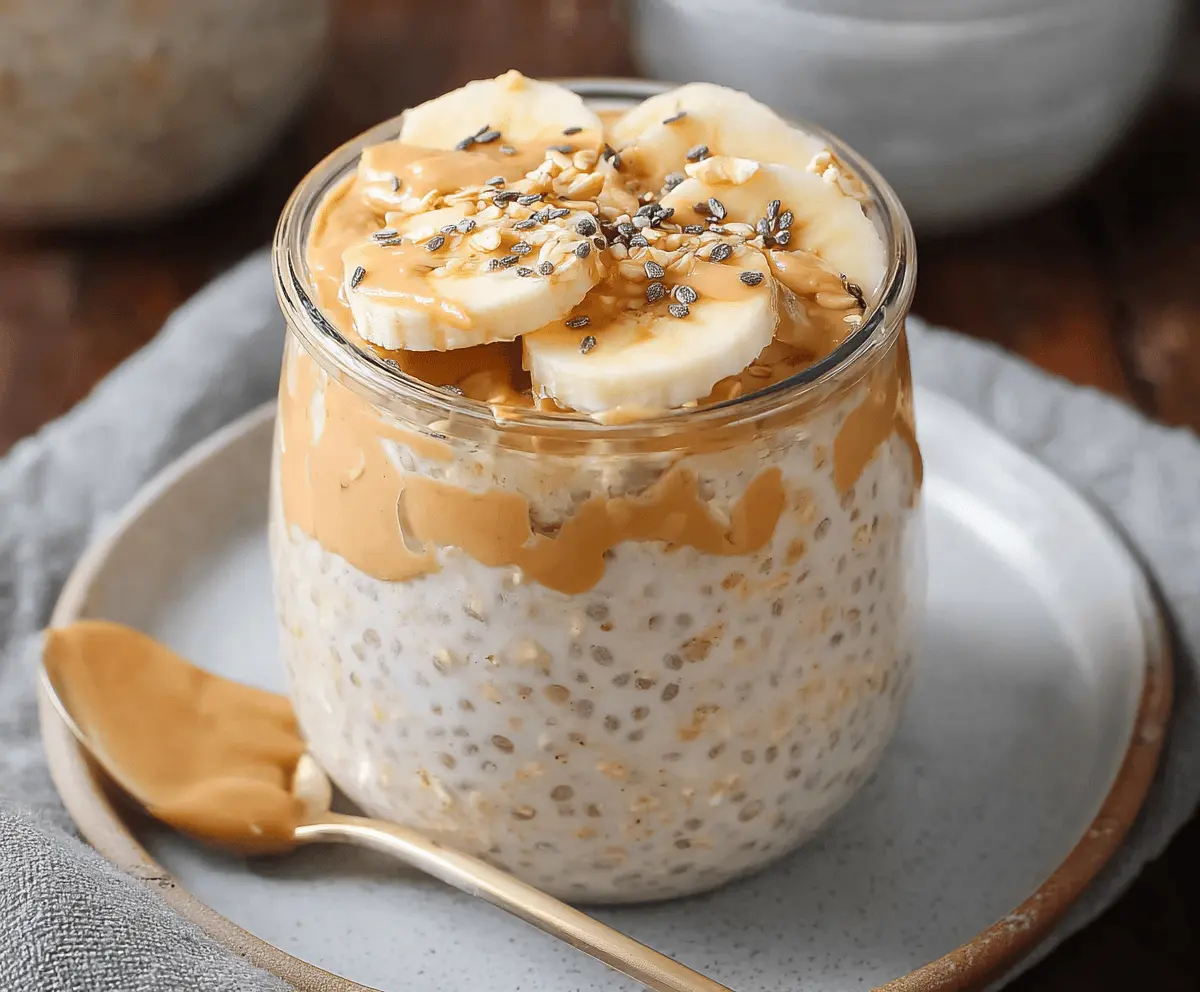 Creamy Banana Peanut Butter Overnight Oats in a glass jar topped with sliced bananas and peanut butter.