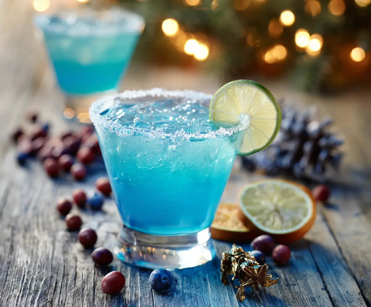 Festive Blue Christmas Cocktail garnished with a cherry and mint for holiday celebration