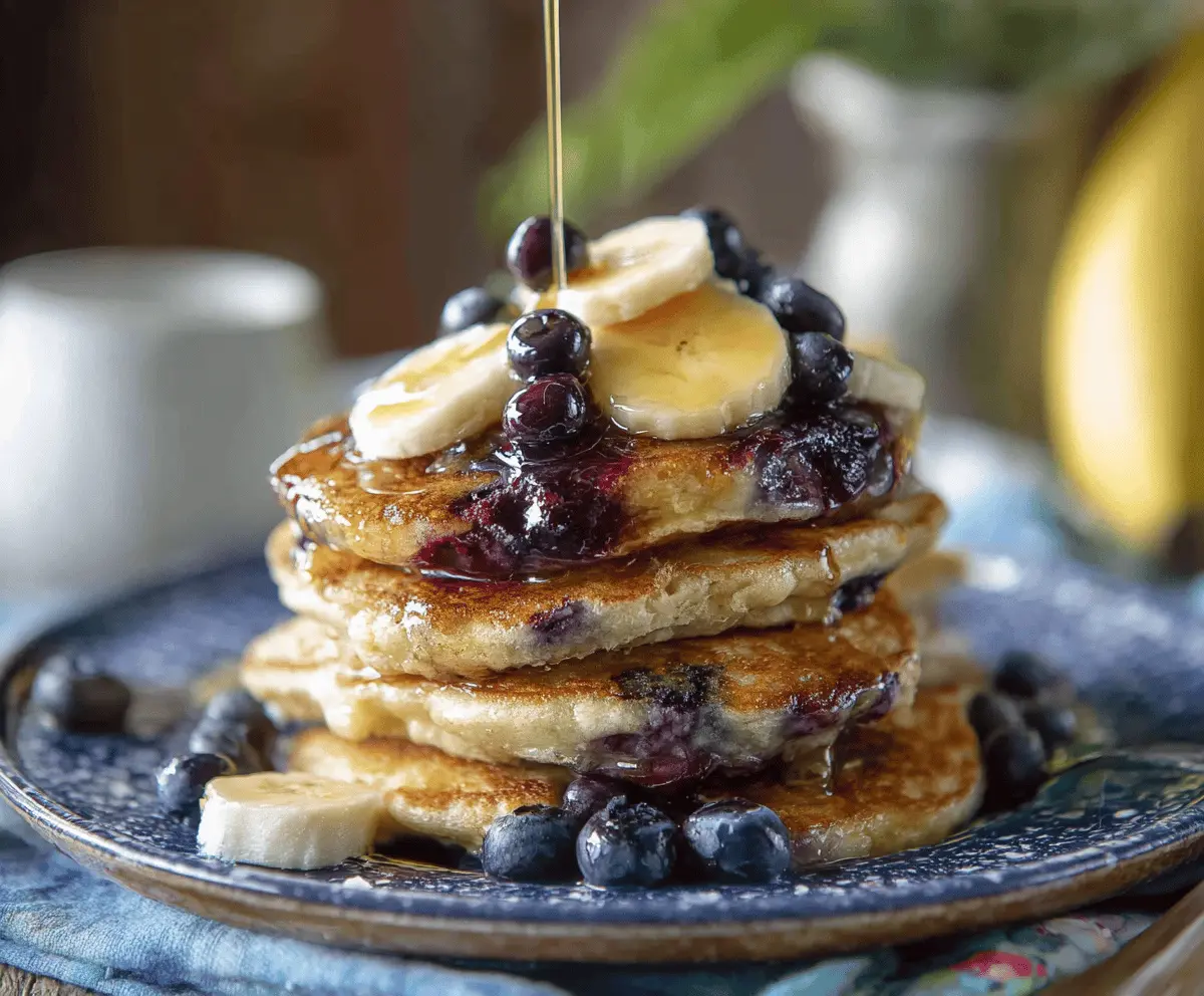 Stack of fluffy blueberry banana pancakes topped with fresh blueberries and banana slices for a delicious breakfast.