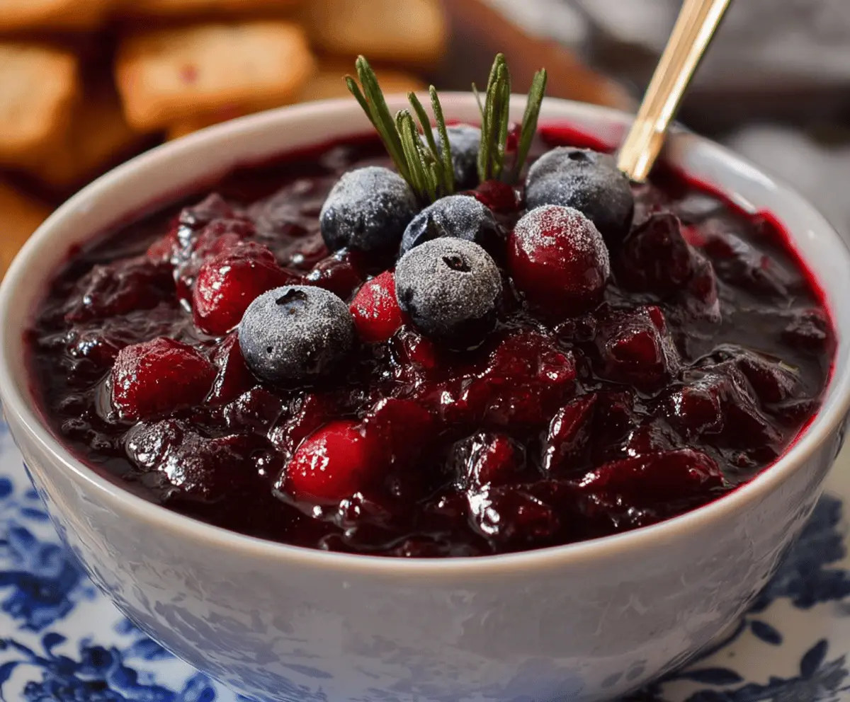 Close-up of a bowl of homemade blueberry cranberry sauce with fresh blueberries and cranberries.