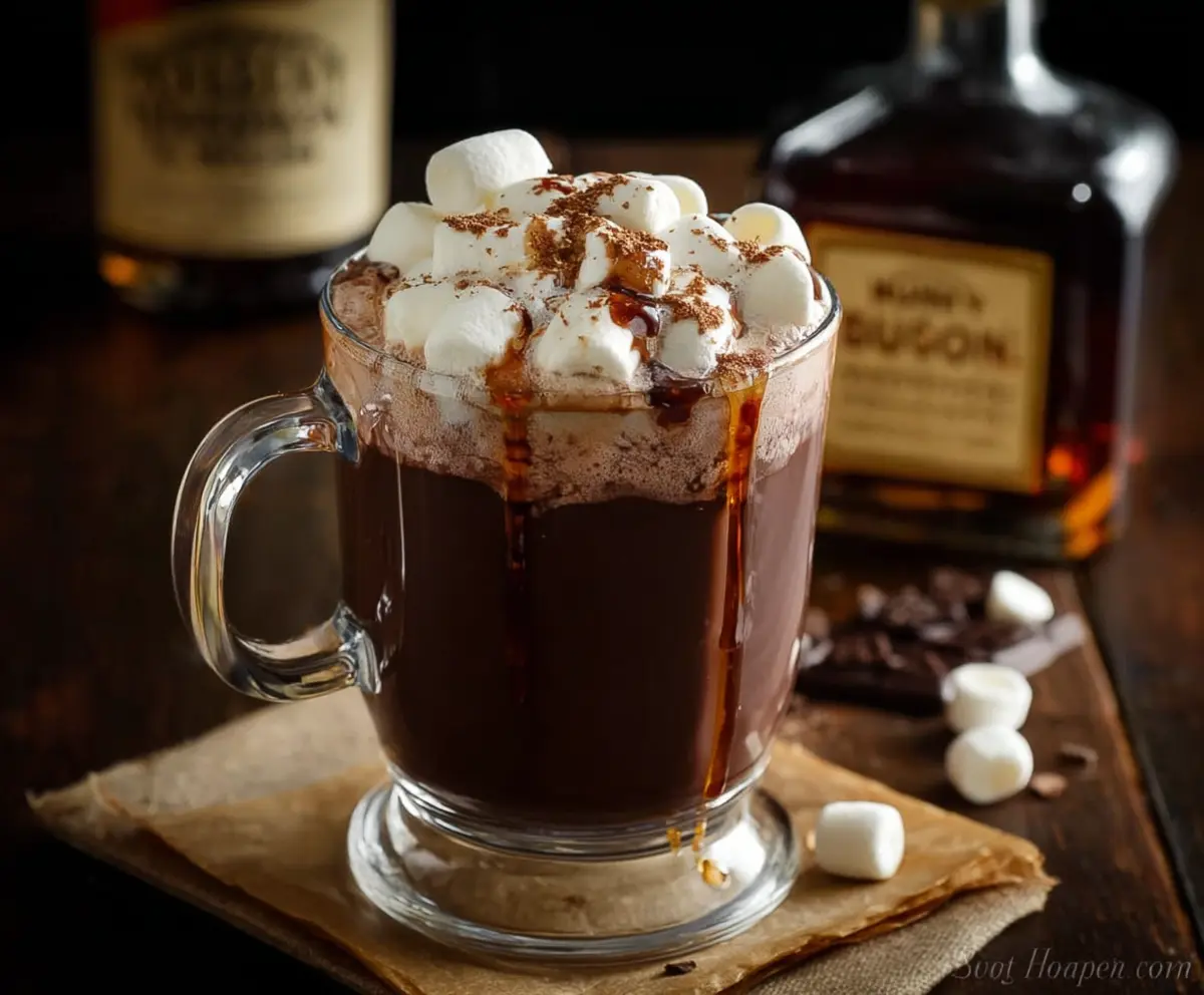 Rich Bourbon Spiked Hot Chocolate topped with whipped cream in a cozy mug for winter comfort.