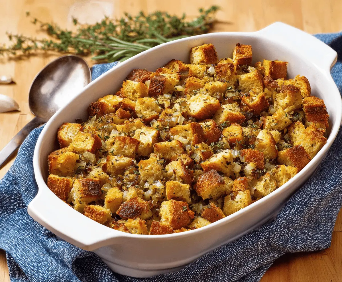Delicious homemade bread stuffing with herbs and spices for holiday dinner