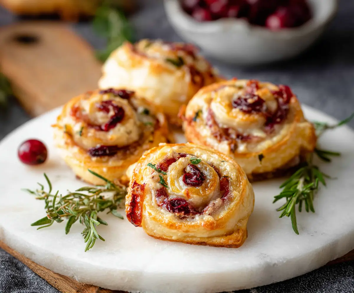 Delicious Brie and Cranberry Pinwheels on a serving platter, perfect for appetizer season.